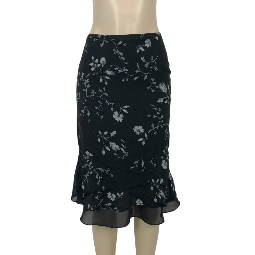 Harolds Dark Floral Print Chiffon Ruffle Midi Skirt 6 Whimsigoth Career Office